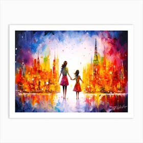 Hand In Hand - Sisters In A Cityscape Art Print