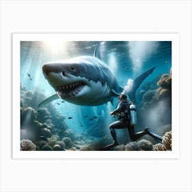 Scuba Diver And Great White Shark 5 Art Print