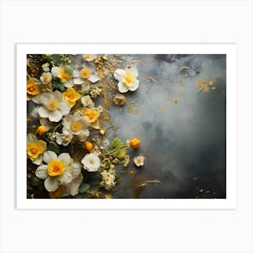 White And Yellow Flowers On A Black Background Art Print