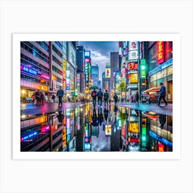 Urban Landscape Neon Reflections In A Rain Soak (1) Art Print