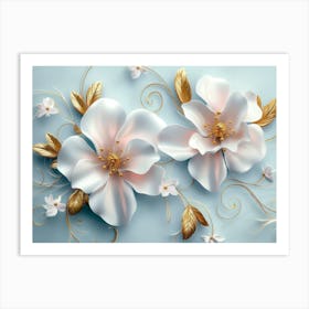 Two White Flowers On A Blue Background Art Print