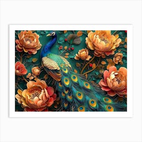 Bright Color Floral with Exotic Oriental Pattern Flowers and Peacocks 2 Art Print