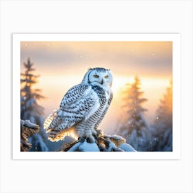 Snowy Owl Perched On A Frosted Pine Branch Winter Sunrise Casting A Golden Hue Over A Tranquil Snow Art Print