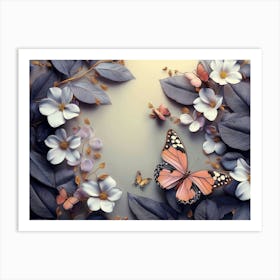 Luxurious Background with Flowers, Leaves and Butterflies 1 Art Print