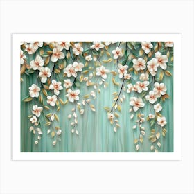 Seamless Pattern Willow Branches Hanging on Above with Flowers and Leave 3d Abstraction Art Print