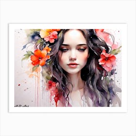 Beauty Look Down Flower Hair -Masterpiece Water Color Wash Painting Art Print