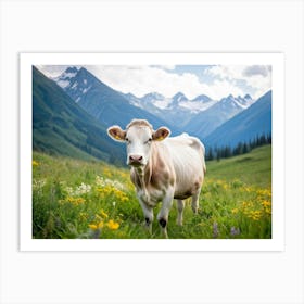 A Closeup On A Pure White Cow Ambling Leisurely In A Verdant Alpine Meadow The Beast Exuding Pure C (1) Art Print