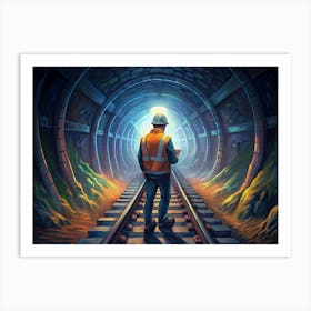 Man In A Hard Hat Looking At Railroad Tracks Art Print