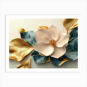 3d Flowers With Pink Petals, Golden Buds And Green Leaves Art Print