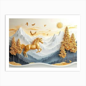 3d Art Featuring Horse, Golden Trees, Mountains, Suns, Birds On Modern Background, Trees Art Print