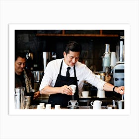 Barista Focused On Pouring Water Into A Step By Step Dripper Amid The Bustling Ambiance Of A Busy C (1) Art Print