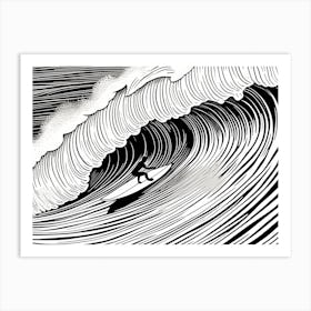 Surfer On A Beach Linocut Black And White Painting, into the water, surfing Art Print
