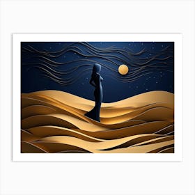 Woman Body Silhouette Standing On Golden Dunes 1 Art Print