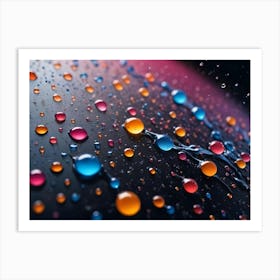 Close Up Shot Of Colorful Water Droplets On A Dark Surface Art Print