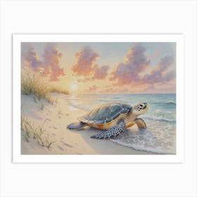 A beautiful watercolor painting of a majestic sea turtle on the shore as it leaves the sand dunes Art Print