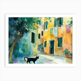 Black Cat In Pescara, Italy, Street Art Watercolour Painting 2 Art Print