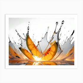 Slices Of Watermelon Fall Into Water, Creating A Splash With An Orange Glow Emanating From The Center Art Print