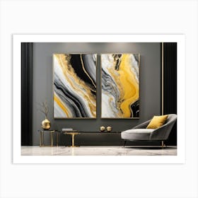 Abstract Art Featuring Liquid Marble Patterns Flowing Together In A Dance Of Grey Black Yellow G (5) Art Print