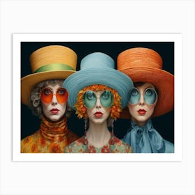 Three Women Wearing Colored Hats Glasses And Hats 1 Art Print