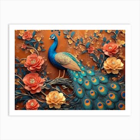 Elegant Peacocks Combines Bright Color Floral with Exotic Oriental Pattern Flowers and Illustration Art Print