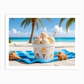 A Still Life Photo Of A Bucket Of Ice Cream With A Tropical Beach Backdrop Art Print