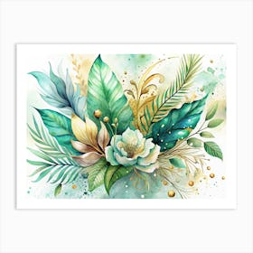 Watercolor Bouquet Of Tropical Flowers And Leaves Art Print