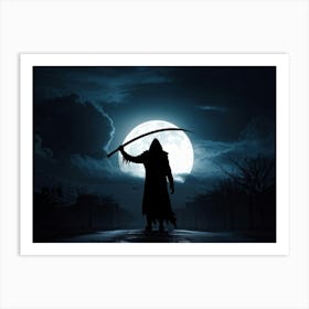 Silhouette Of A Sinister Reaper Scythe Raised Standing Against A Backdrop Of A Full Moon On Hallow (3) Art Print