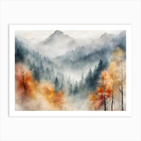 Foggy Autumn Landscape Mountains Art Print