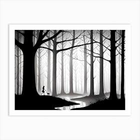 Silhouette Of A Girl In The Forest, black and white monochromatic art Art Print
