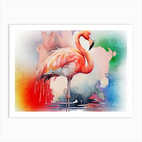 Flamingo Portrait. Watercolor, color splash. Pink and red Art Print