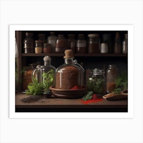 Open Kitchen Shelves Filled With Herbs And Spices Art Print