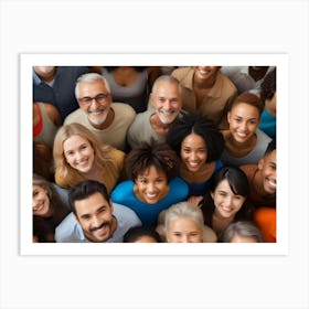 High Angle View Of A Diverse Group Of Smiling People Of Different Ages And Ethnicities Looking Up At The Camera Art Print