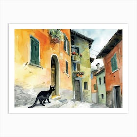 Black Cat In Como, Italy, Street Art Watercolour Painting 4 Art Print