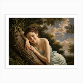 Woman Leaning Against A Tree Art Print