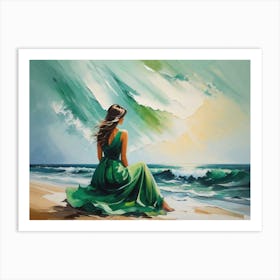 Girl In Green Dress On The Beach Art Print