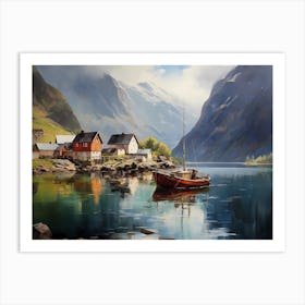 Fishing Boat Moored Near Fjord Houses Art Print