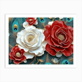 3d Design Illustration Seamless Pattern Diamond Painting White, Crimson, Turquoise and Golden Roses Flowers 1 Art Print