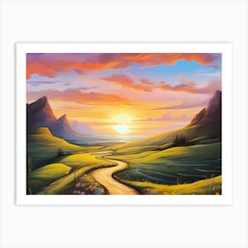 Wandering Path Trough A Gren Mountain Region At A Morning Sunrise And Reflecting Clouds - Vivid Color Painting Art Print