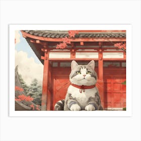 Cat rests before a Japanese Temple Art Print