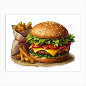 Burger And French Fries Art Print