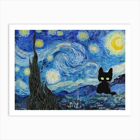 The Starry Night, Vincent Van Gogh  Inspired Cat Art Print