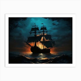 Pirate Ship At Night Art Print