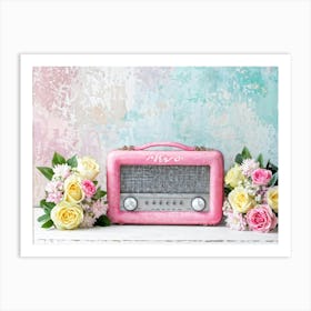 Vintage Pink And Grey Portable Radio Surrounded By Flowers Soft Background Embracing Pastel Pink B Art Print