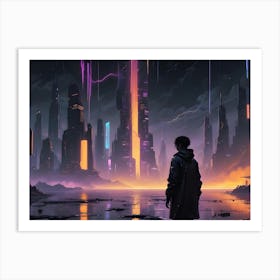 A Lone Figure Stands Before A Futuristic Cityscape At Sunset, Silhouetted Against Towering Skyscrapers And Neon Lights Reflecting In The Water Art Print