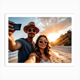 Couple Taking Selfie On The Beach Art Print