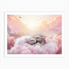 Baby Dragon Eyes Closed Curled Into A Slumbering Embrace Atop Fluffy Candy Colored Clouds Rosy T Art Print