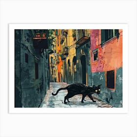 Naples, Italy   Cat In Street Art Watercolour Painting 1 Art Print