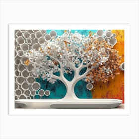 3d Oak Showcasing an Ethereal Tree with White Lattice and a Vibrant Backdrop Art Print