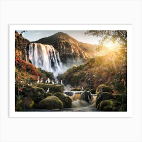 Mountain Waterfall with Wildlife Painting #13 Art Print