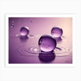 Three Glass Spheres, One Resting On A Purple Liquid Surface, Creating A Ripple Effect Art Print